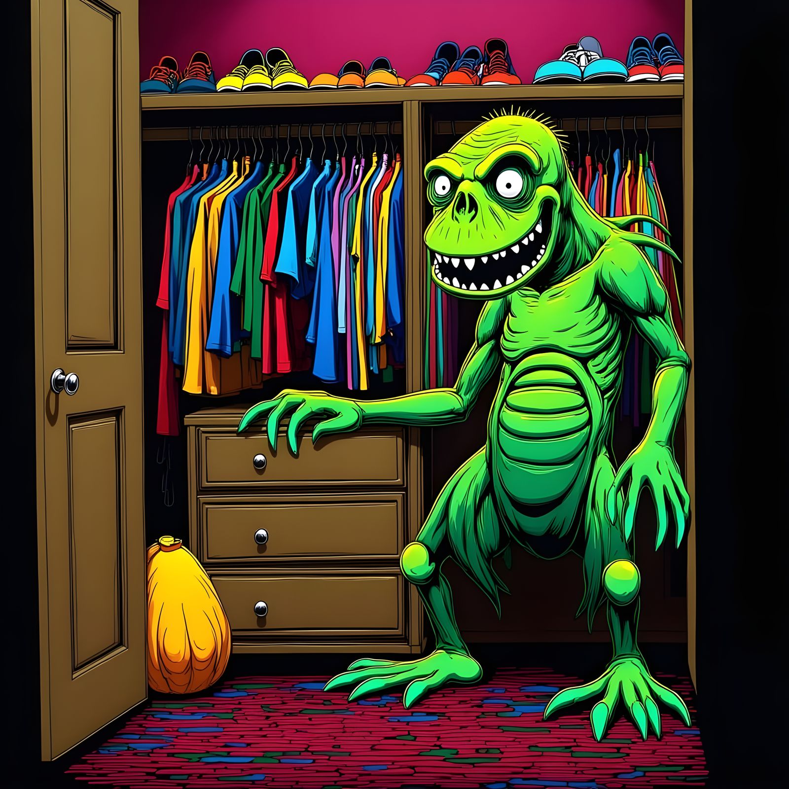 Friendly Neon Monster in a Closet
