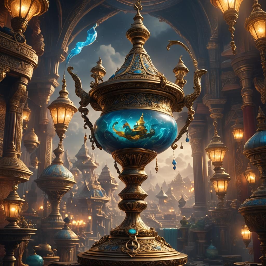 Genie Emerges from Lamp: Detailed Fantasy Art
