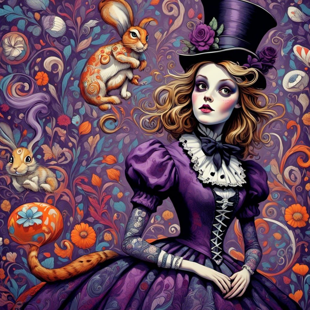 Alice in Wonderland with Paisley Background, Gothcore Style