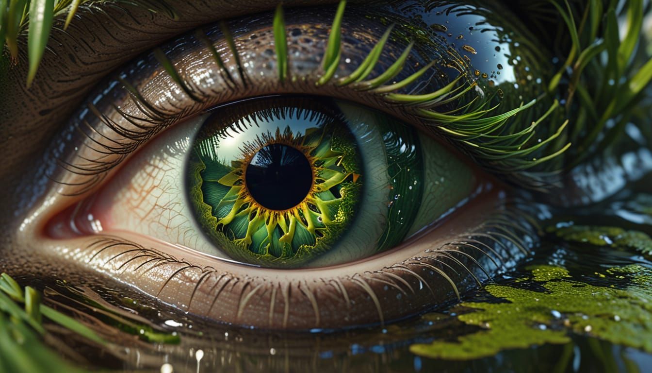 Photorealistic Eye Reflecting Cityscape in Surreal Style