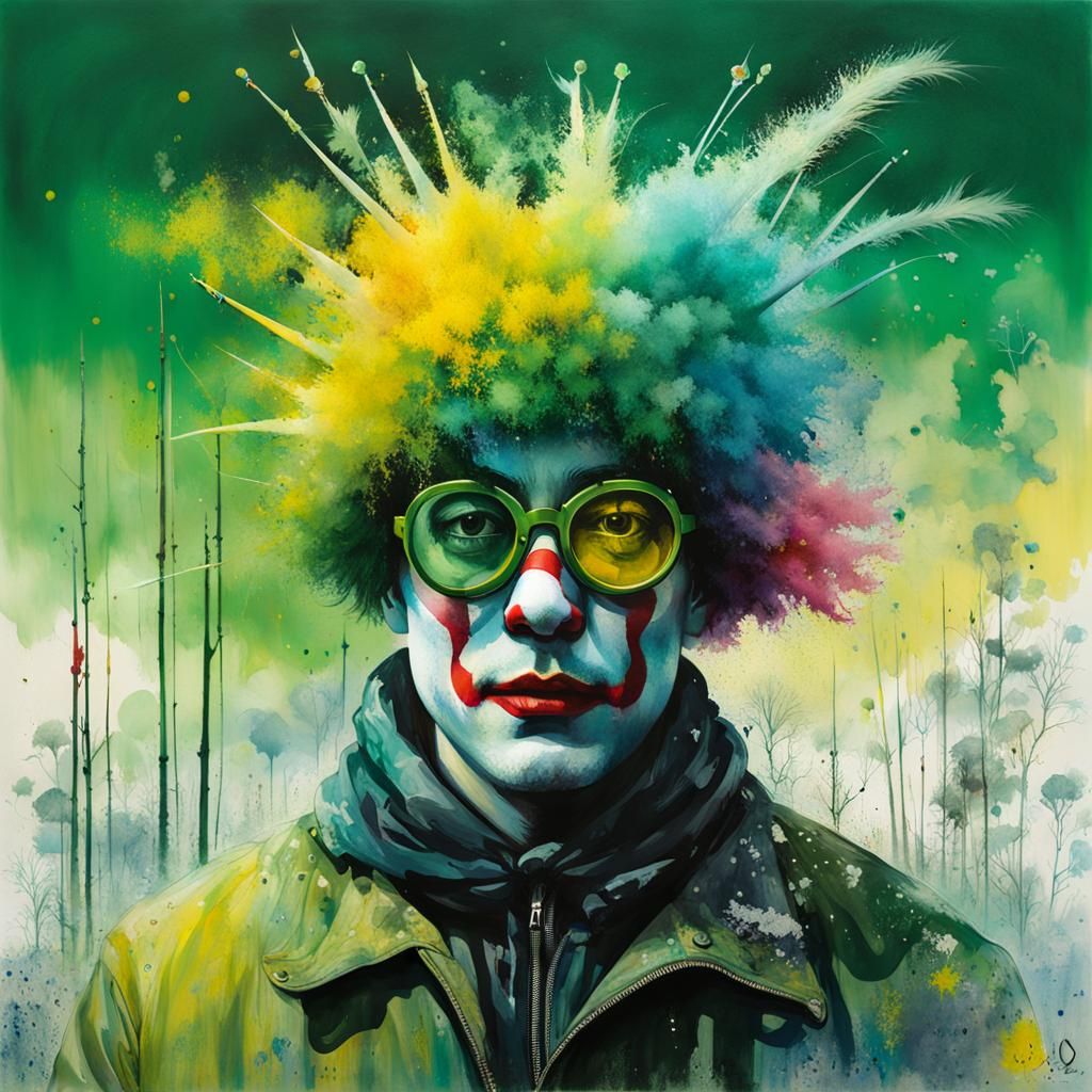 Mad Clown Double Exposure in Watercolour Style