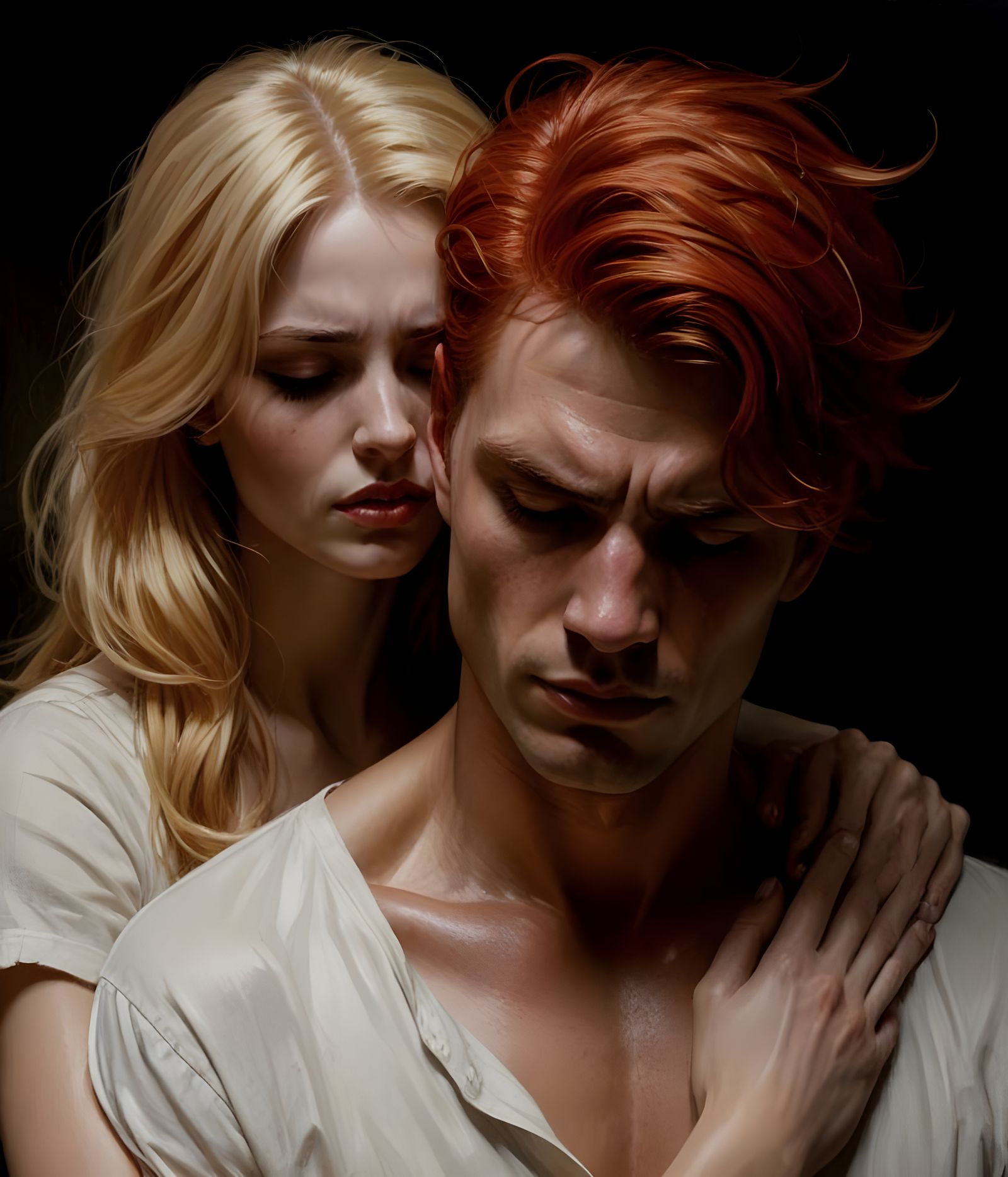 Ethereal Woman Consoles Haunted Man in Dark Fantasy Scene