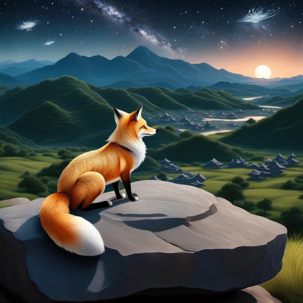 Nine-Tailed Fox Gazing at Stars Over Konoha