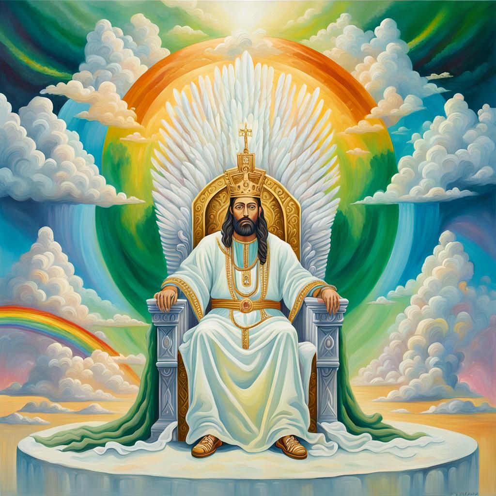 God on Throne with Luminescent Aura, Salvador Dali-Inspired