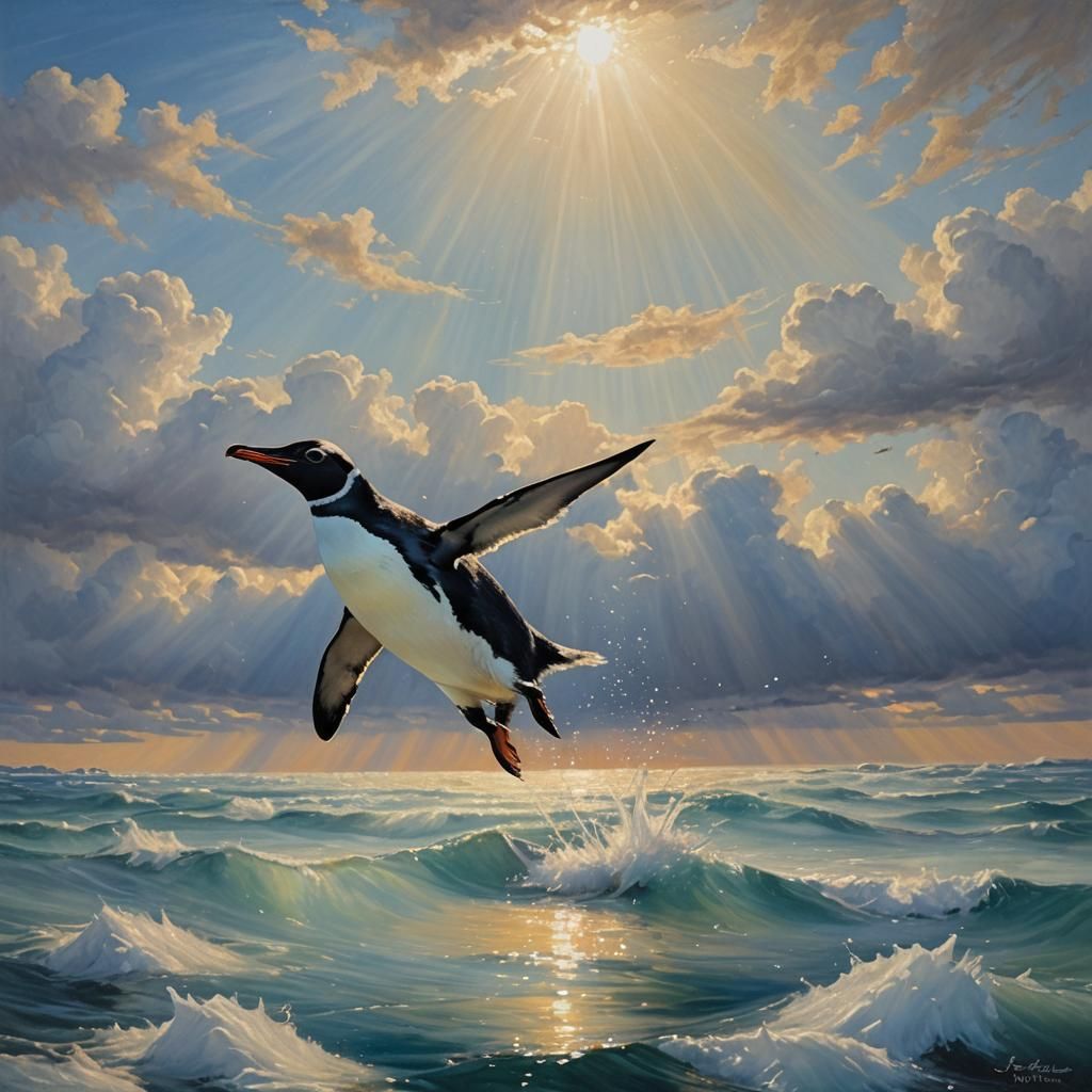Penguin's Shrimp Dive: Oil Painting with Divine Light
