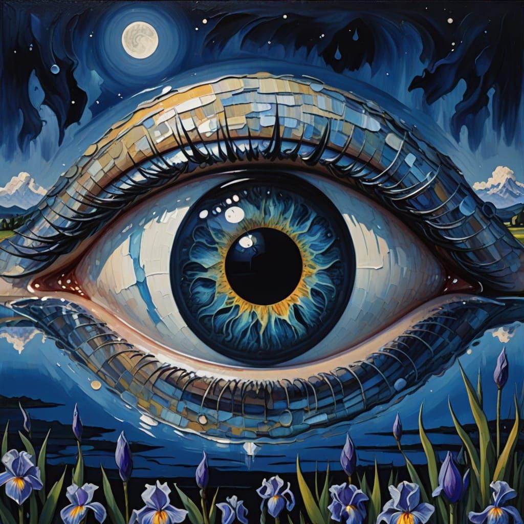 Surreal Giant Eye Reflecting Moon in Impressionist Oil Paint...