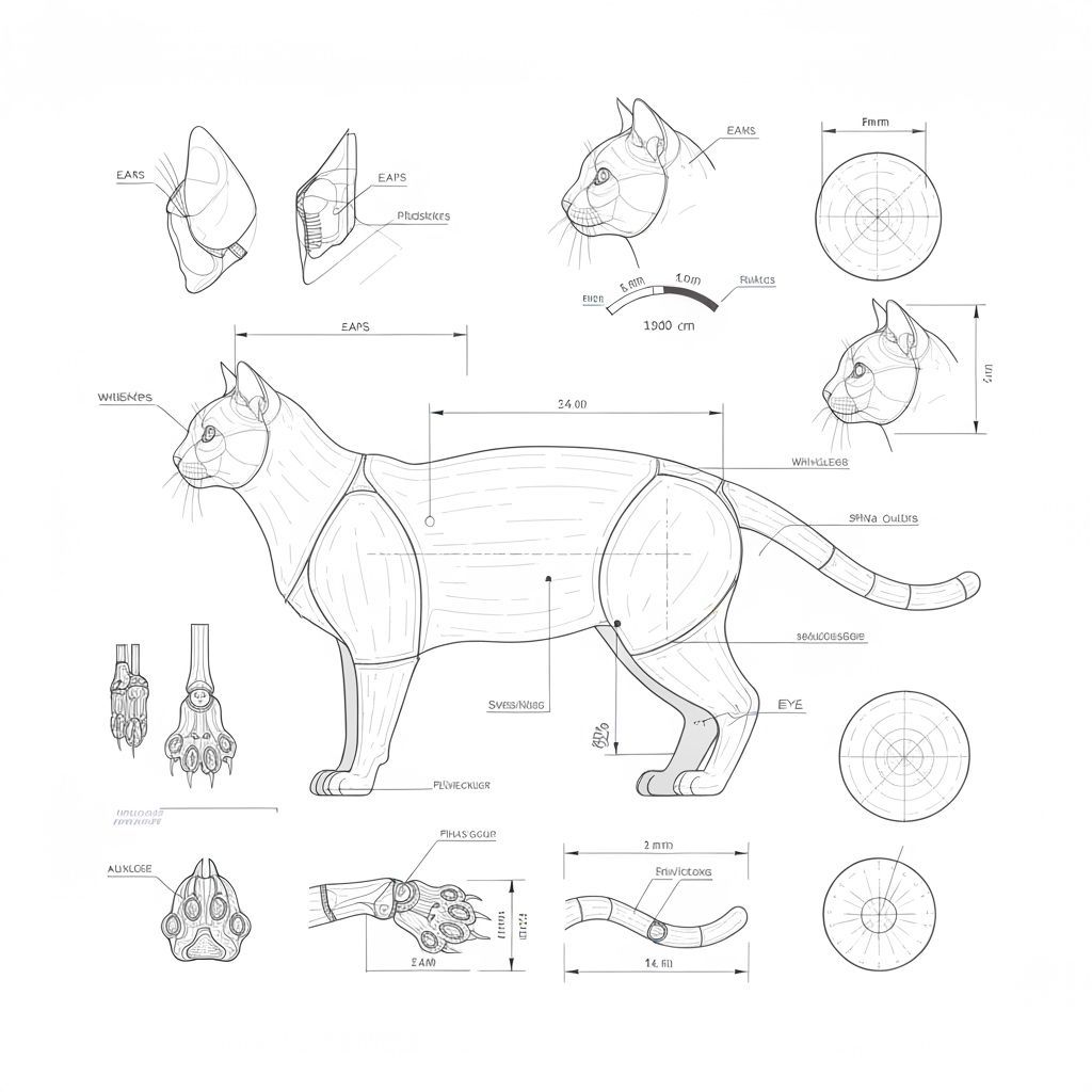 Detailed Cat Blueprint: Technical Illustration Style