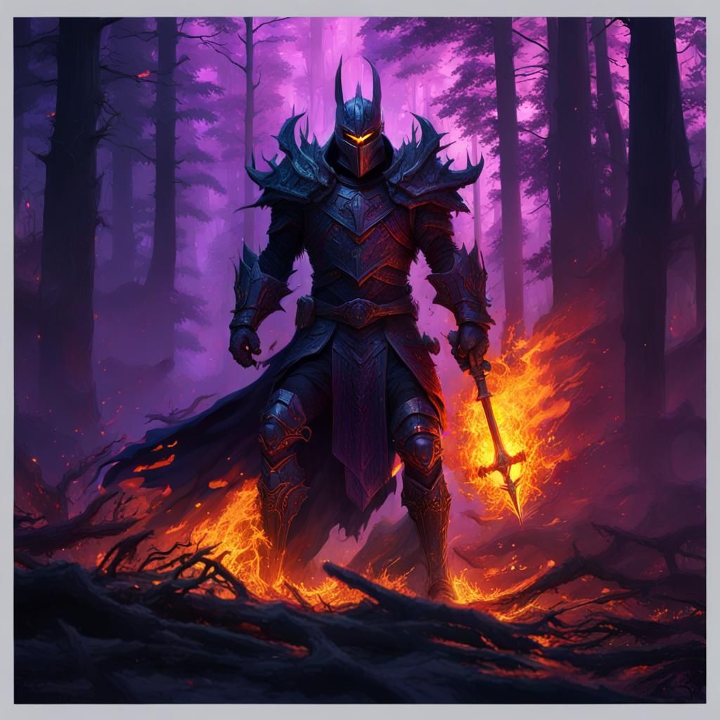 Demonic Knight in Burning Forest: Dark Fantasy Art