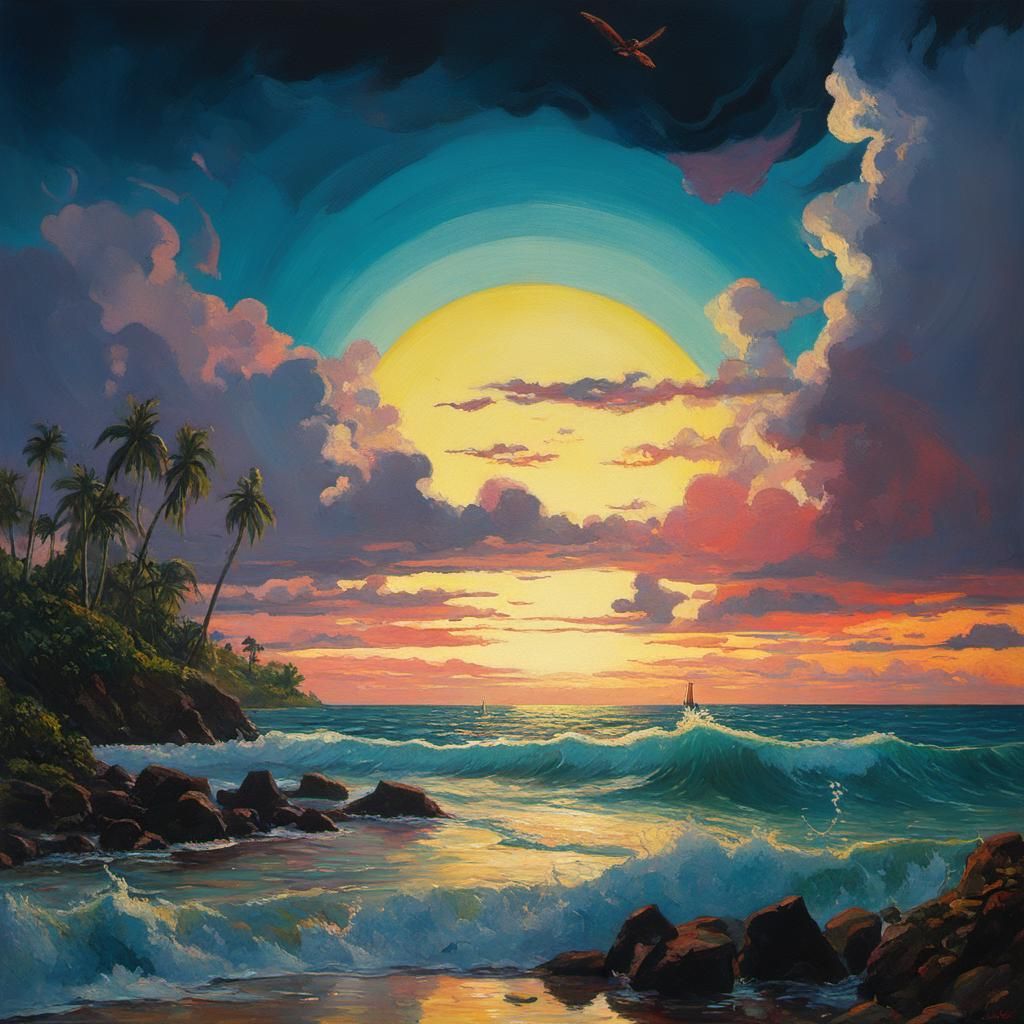 Gauguin-Inspired Bayscape in Cinematic Oil Painting Style