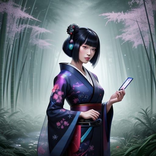 Cyberpunk Geisha in Neon Bamboo Forest