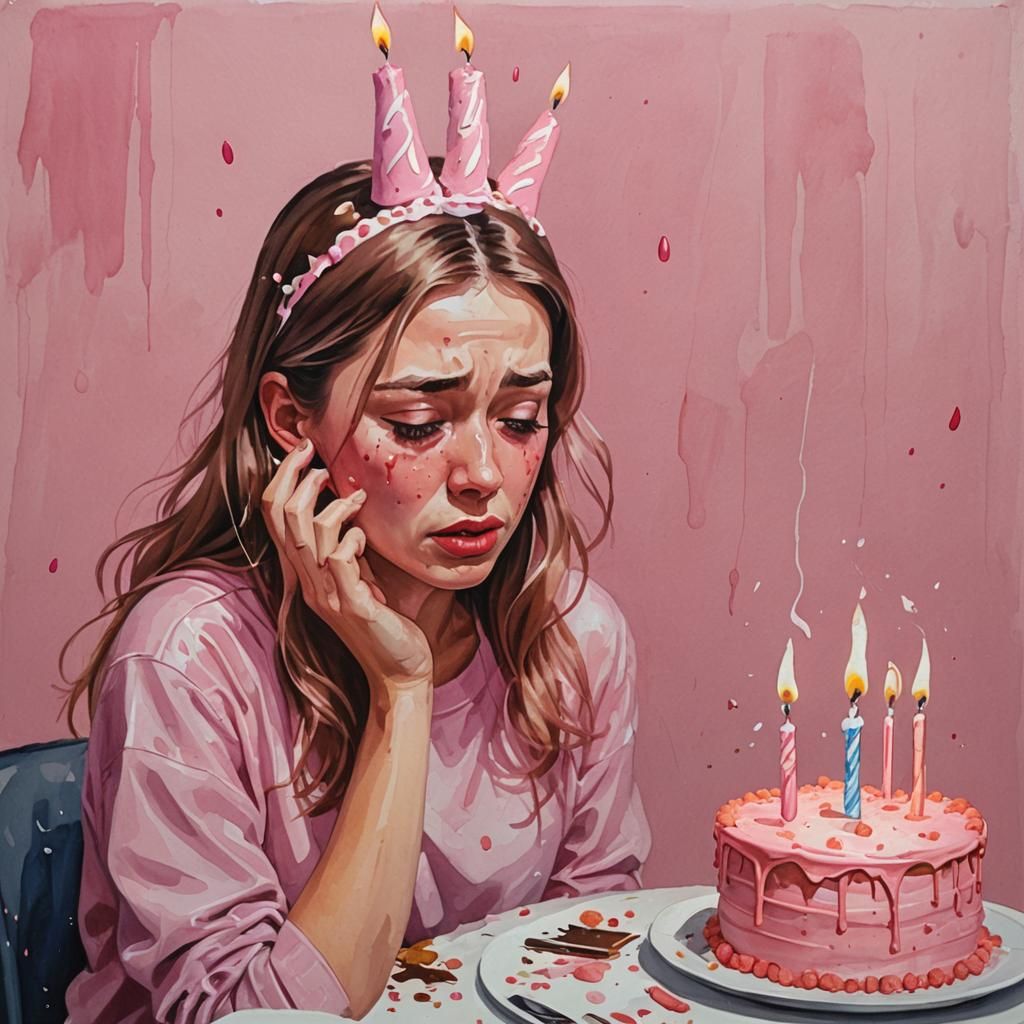 Girl Crying at 18th Birthday: Gouache Painting