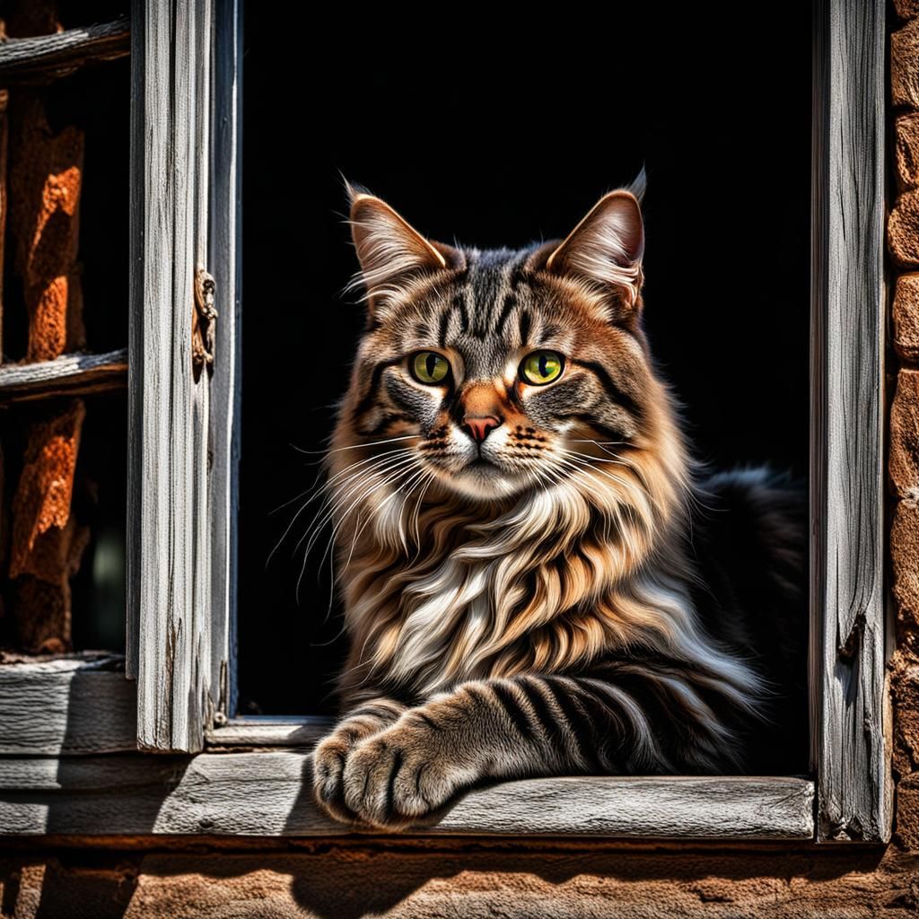 Beautiful Cat Sitting in Window with Cinematic Lighting
