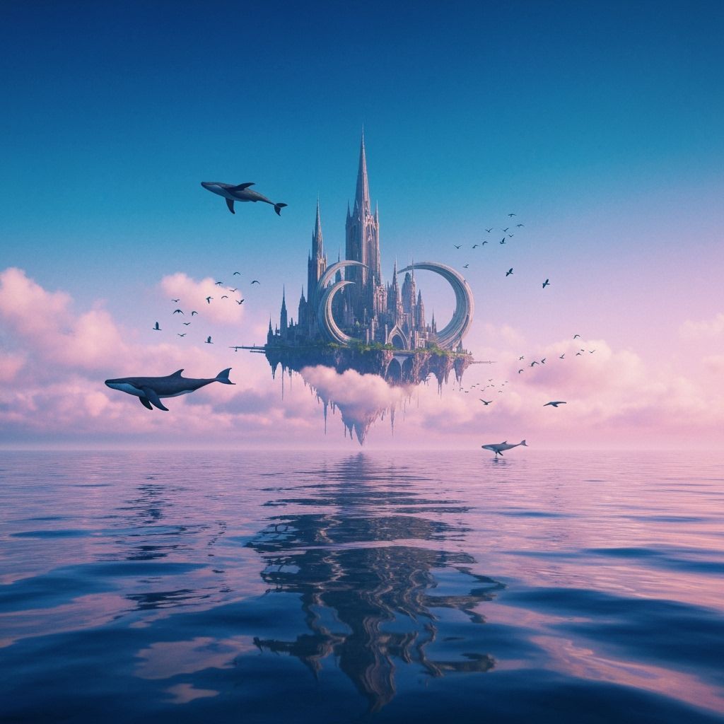 Surreal Floating City Above Ocean Sky in Lomography Style
