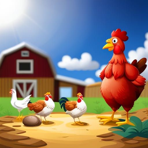 Red Hen Carries Bread in Cartoon Farmyard