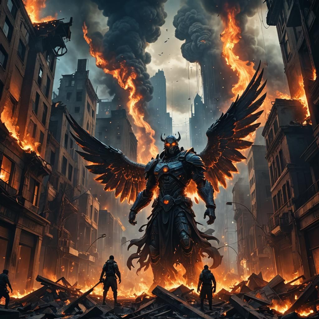 Apocalyptic Battle: Angels and Demons in Burning City