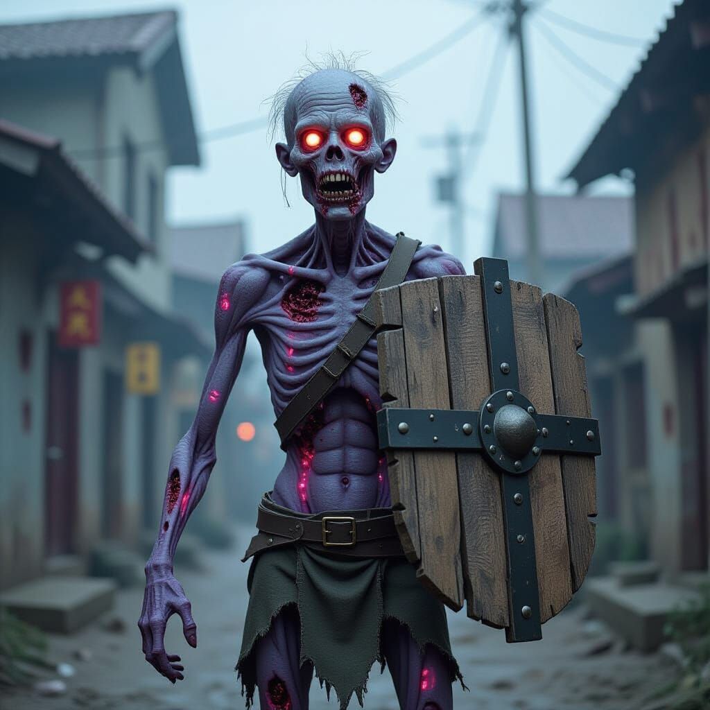 Small Zombie with Oversized Shield and Glowing Veins