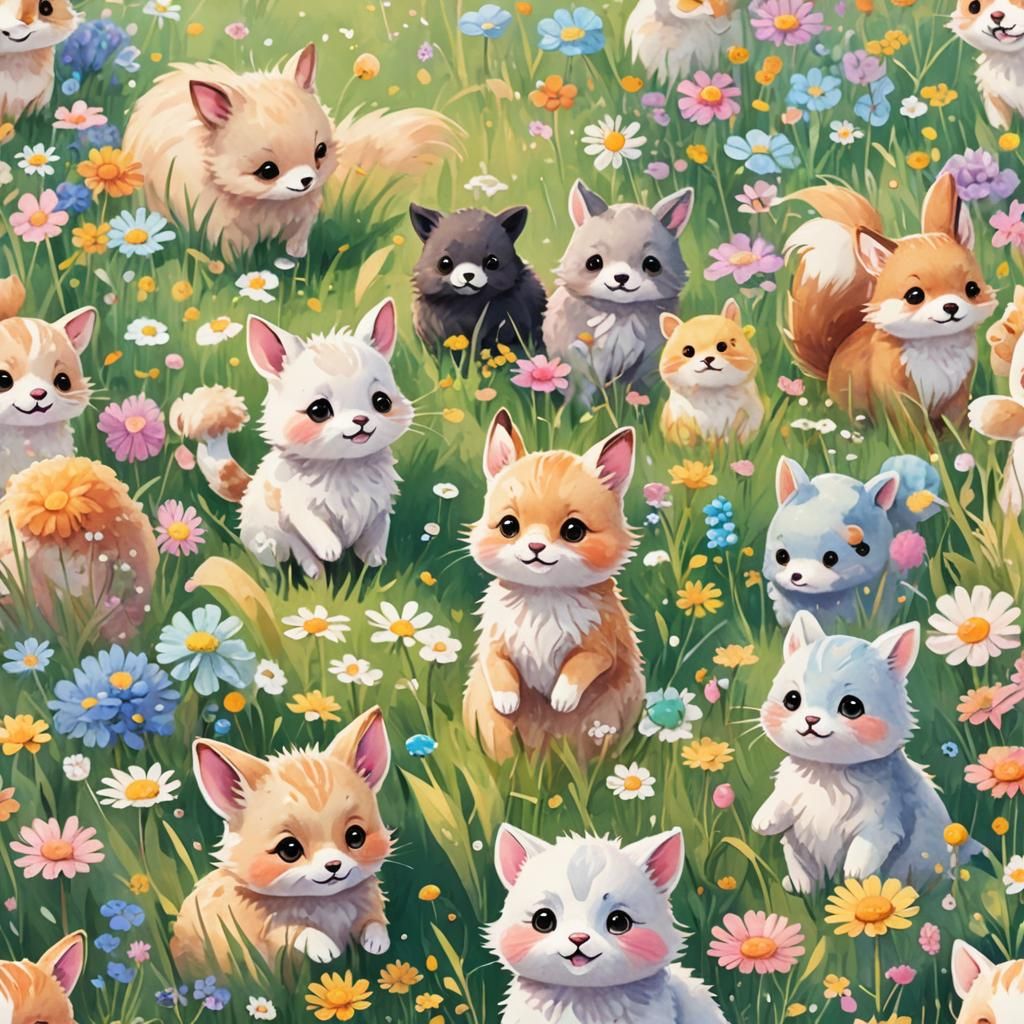 Kawaii Animals Playing in a Colorful Meadow