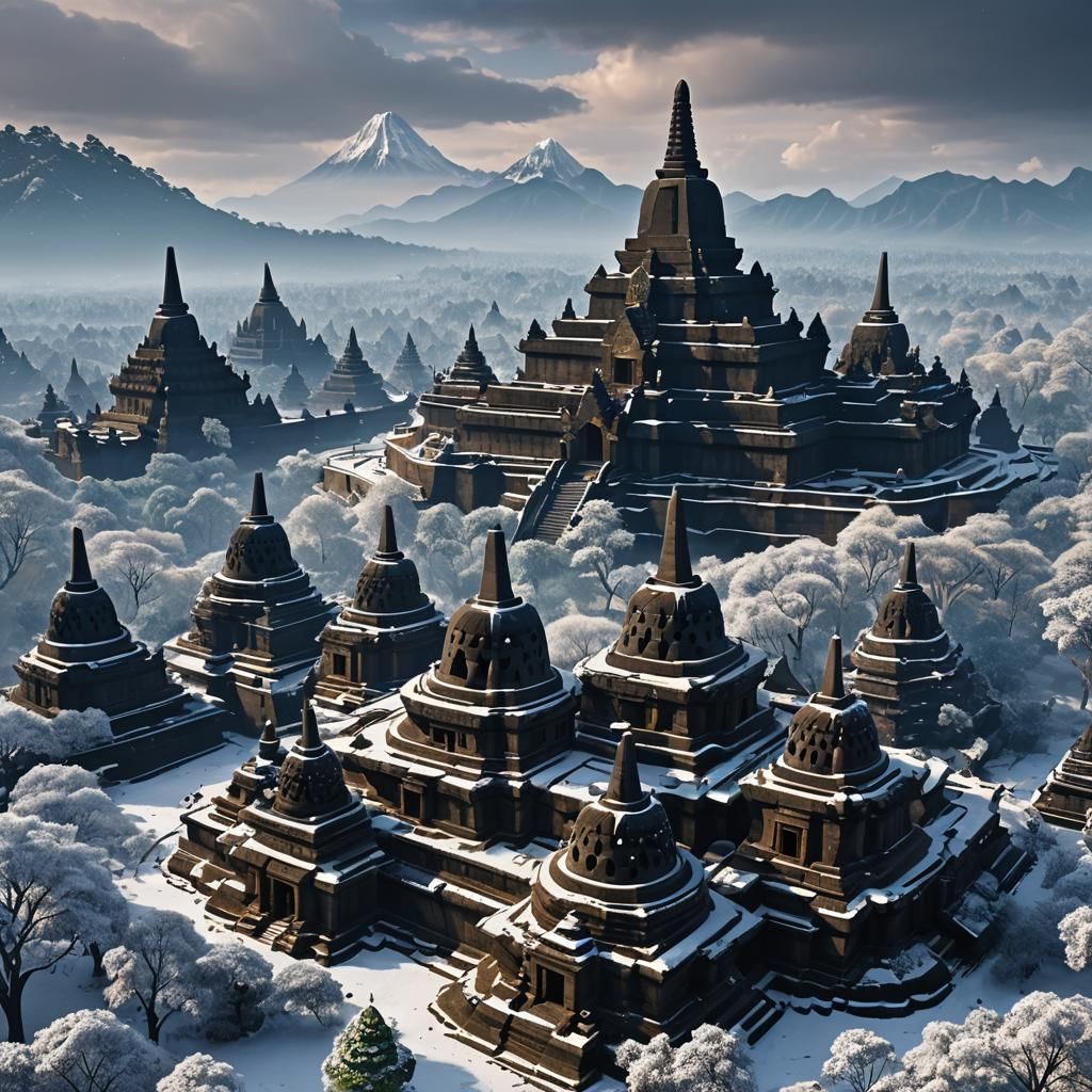 Snowy Borobudur Temple: Detailed Matte Painting