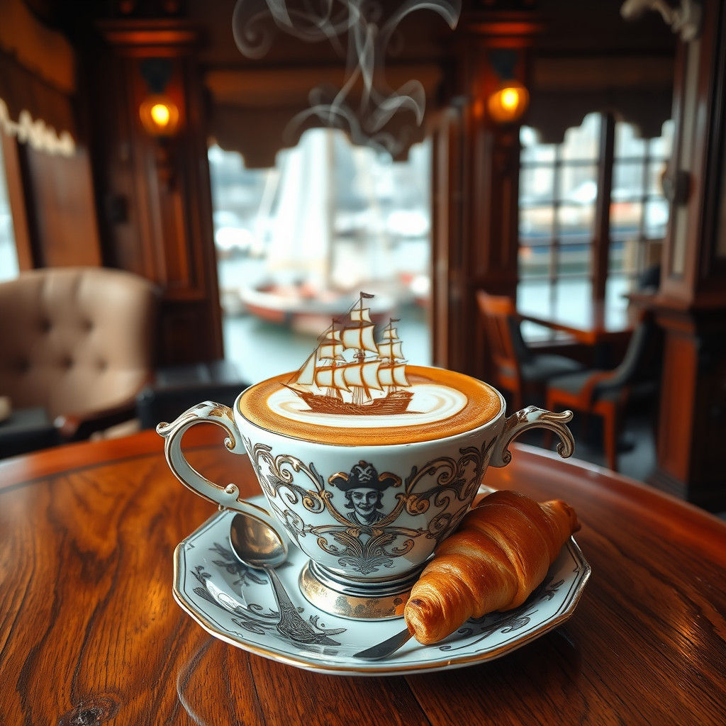Pirate Ship Latte Art in Opulent Coffee Shop