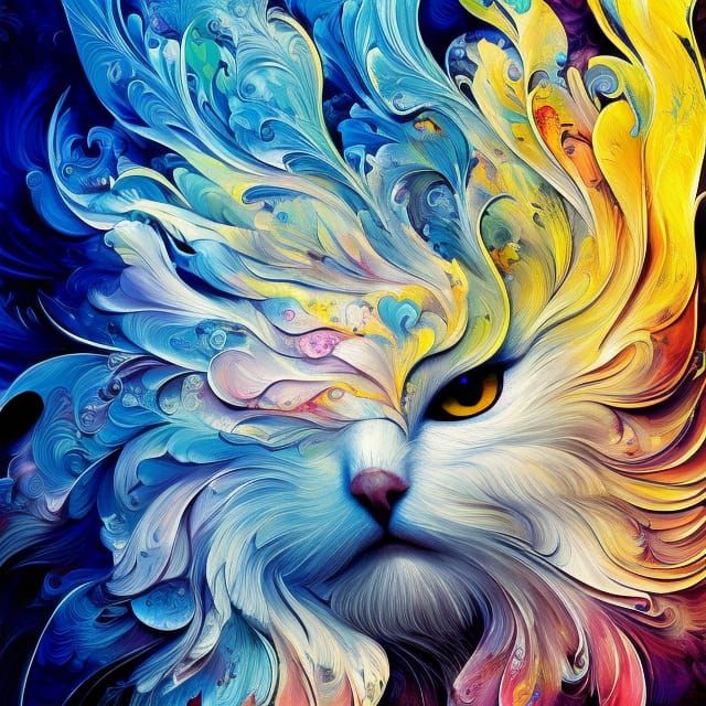 Mythical Triadic Cat in Marbled Oil Gouache Style