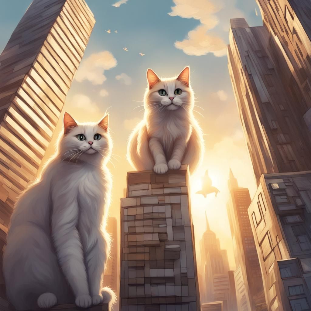 Whimsical Cat Cityscape with Rebellious Cats