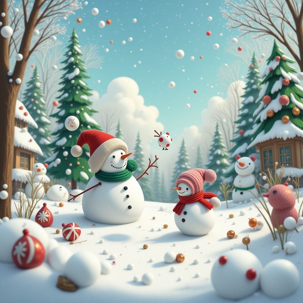 Adorable Snowman and Snowgirl Play in Whimsical Winter Lands...