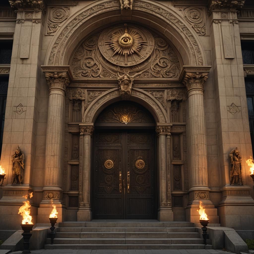 Grand Masonic Temple Entrance at Night