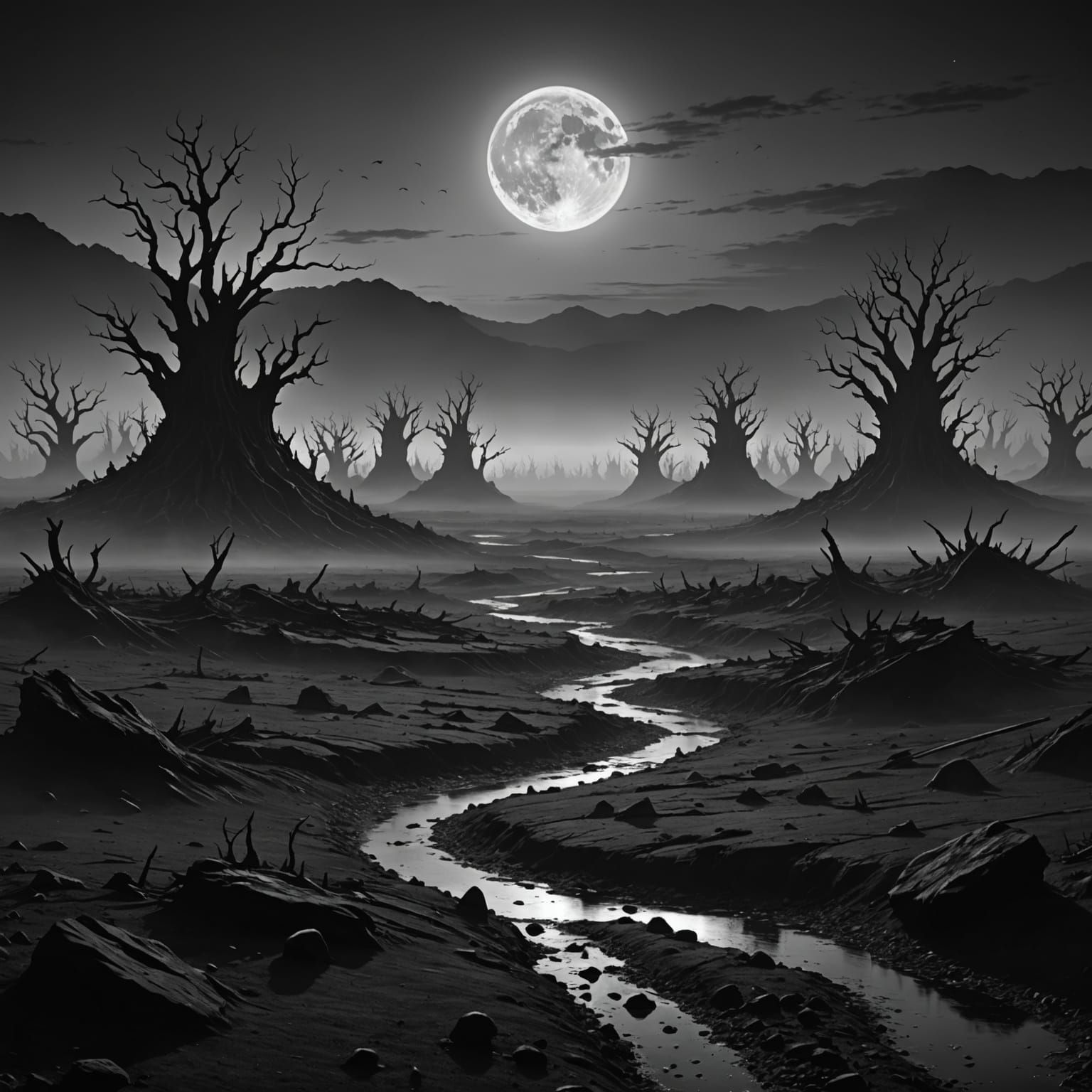 Ethereal Alien Dawn in Charcoal Art