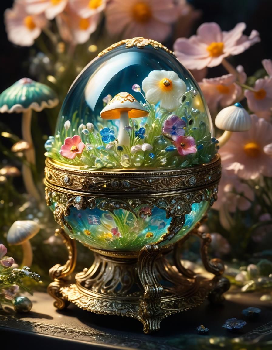 Ornate Faberge Egg with Glowing Flowers, Surreal Oil Paintin...