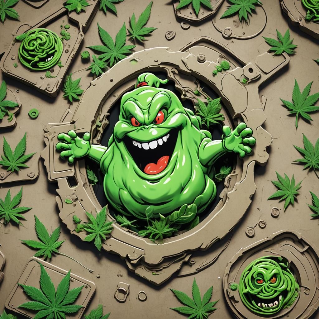 Ghostbusters Slimer Cannabis Logo in Cel-Shaded Style