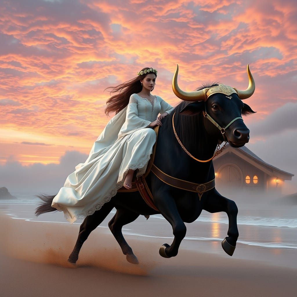 Serene Princess Rides Majestically on a Powerful Black Bull ...