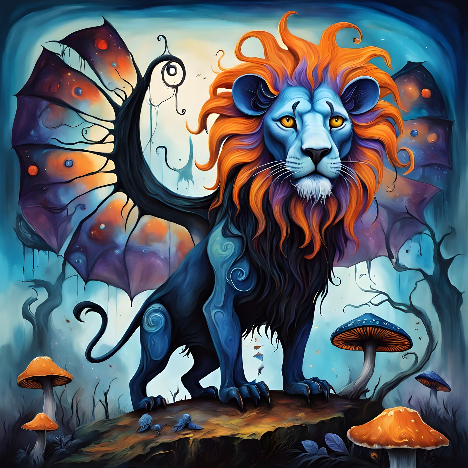 Surreal Lion-Ferret Hybrid in Whimsical, Dreamlike Landscape