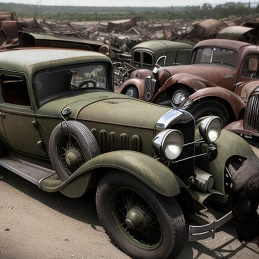 1930s Car Junkyard Panorama in Tin Type Style