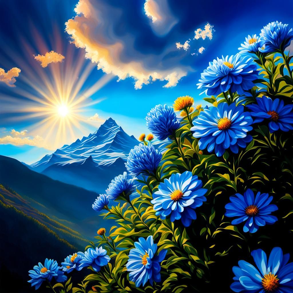 Hyperrealistic Blue Mountains with Flowers in Splash Art