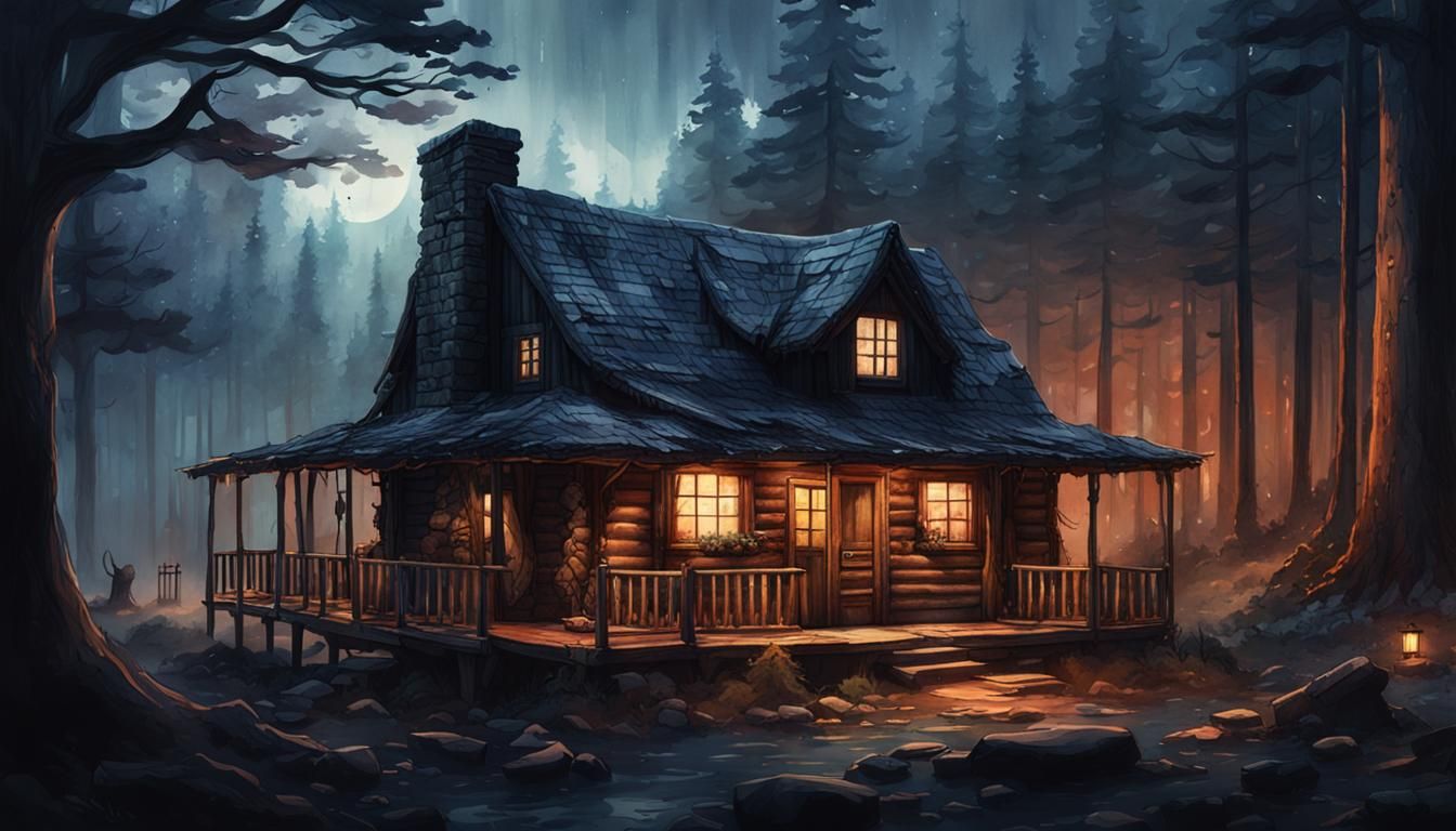 Moody Watercolor Cabin in the Woods at Dusk