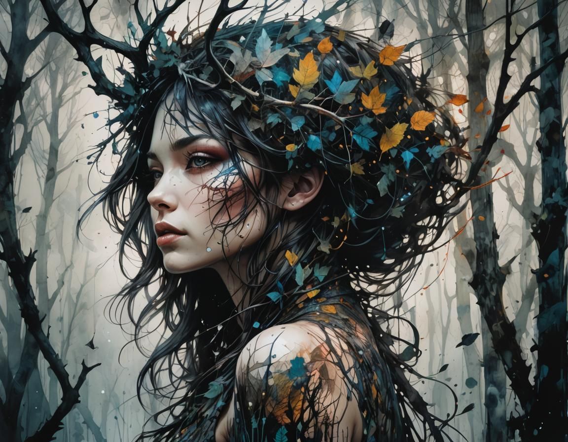mysterious silhouette of a dark forest, by Minjae Lee, Carne Griffiths, Emily Kell, Geoffrey Thoorens, Aaron Horkey, Jor...