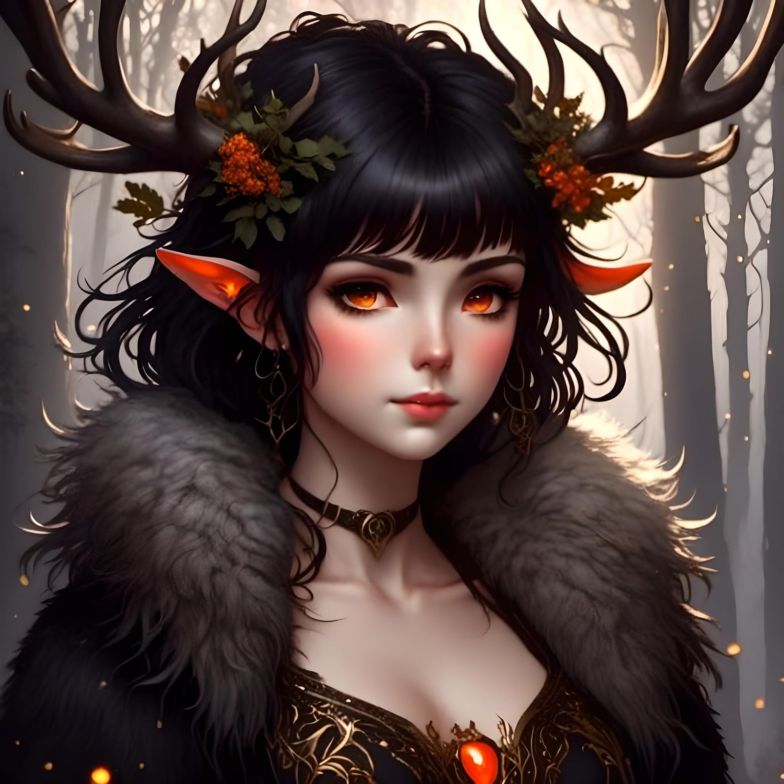 Girl with Antlers and Glowing Eyes in Chiaroscuro