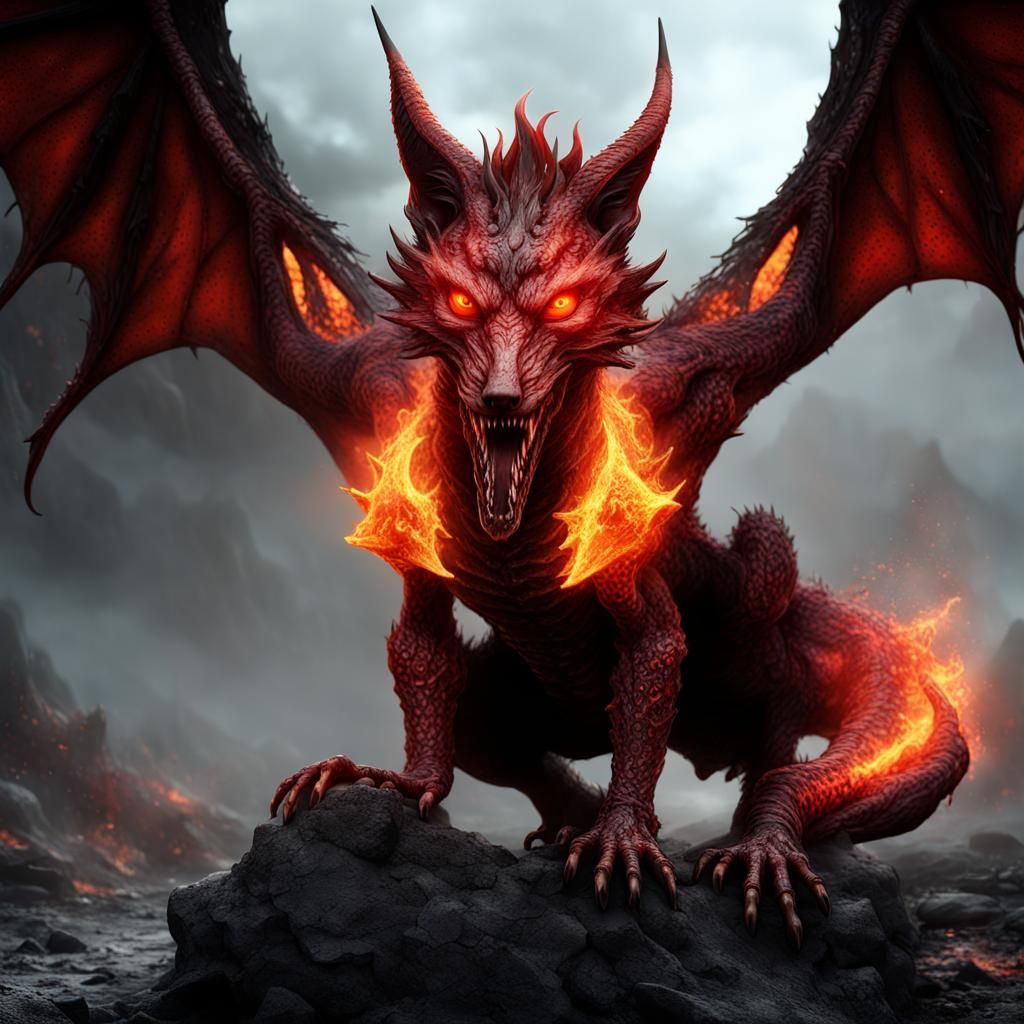 Eerie Lava Dragon-Fox Hybrid in Macabre Art