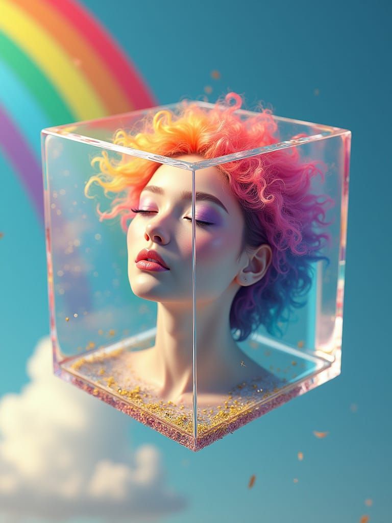 Whimsical See Through Cube Swallows Rainbow