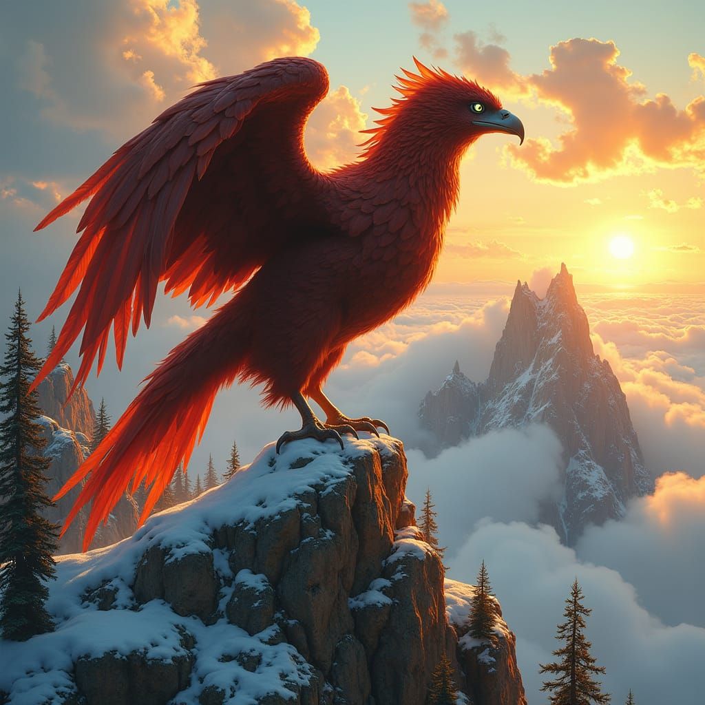 Majestic Griffin on Snowy Mountain Peak at Sunset