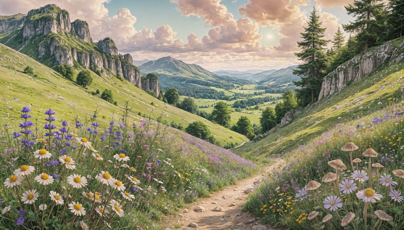 Vibrant Alpine Landscape with Wildflowers and Rugged Peaks i...