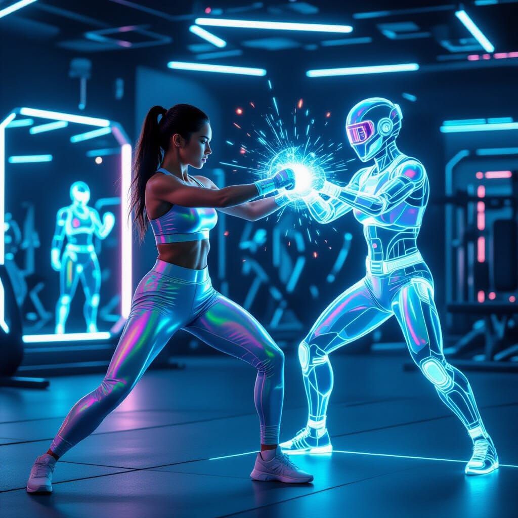 Futuristic Gym: Woman Sparring with Hologram, Cinematic Styl...