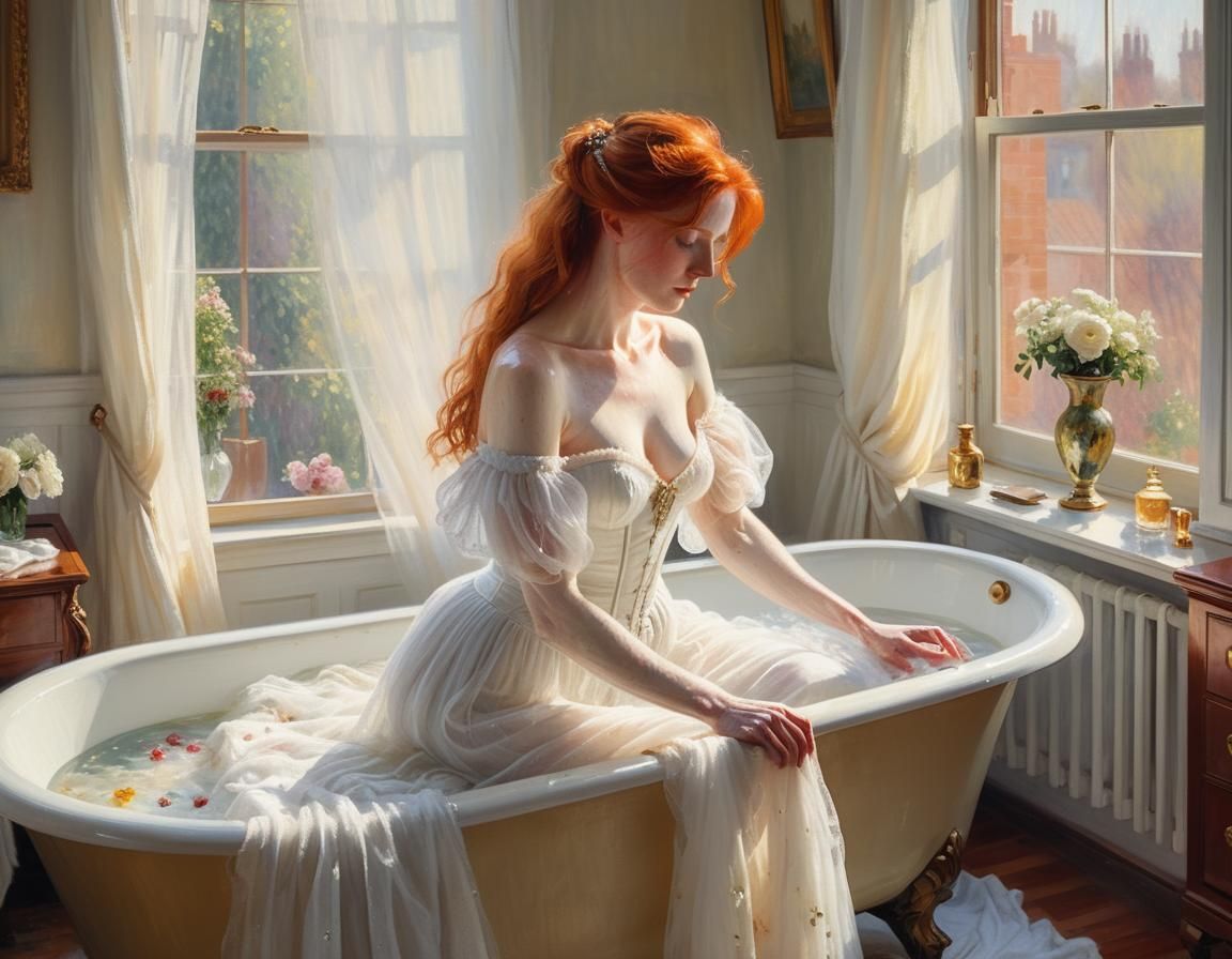 Impressionist Woman Bathing in Bedroom, Soft Focus