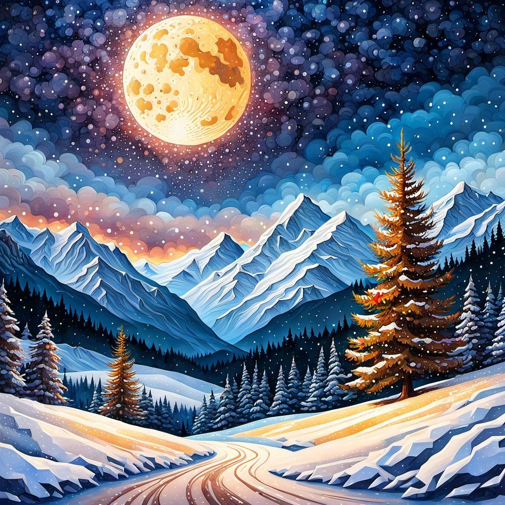 Winter Mountain Farm with Starry Sky