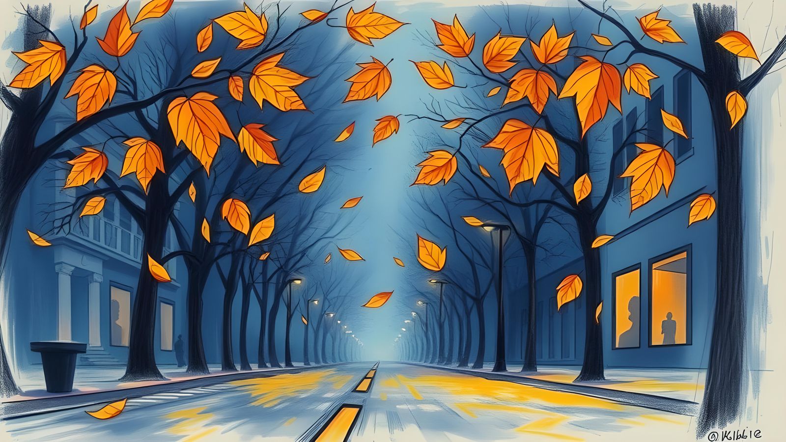 Autumn Leaves in Empty Street: Pencil Sketch