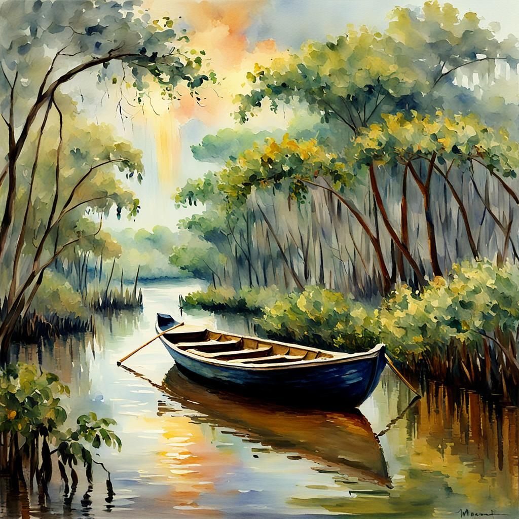 Louisiana Mangrove Boat: Monet-Inspired Watercolor Landscape