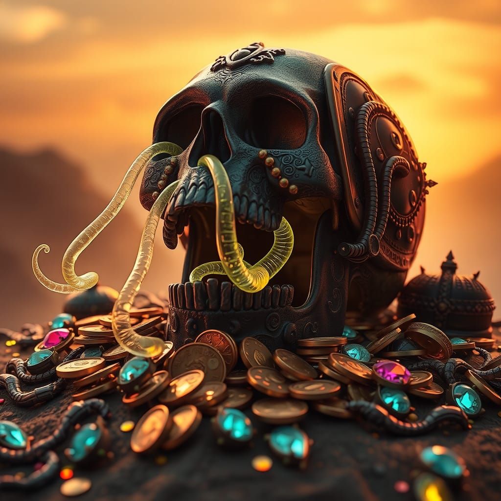 Ornate Skull Guarding Treasure as Digital Art
