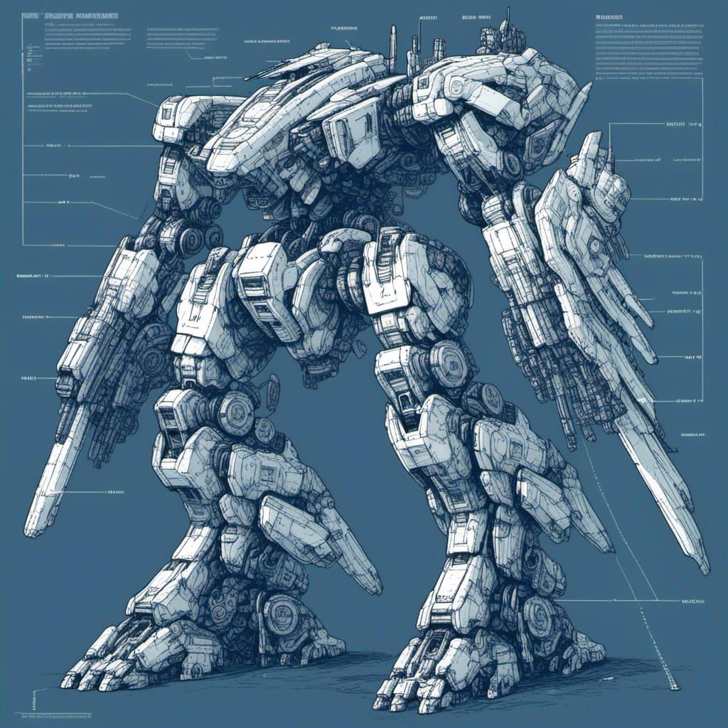 Intricate Lineart Mecha Diagram on Dark Blue