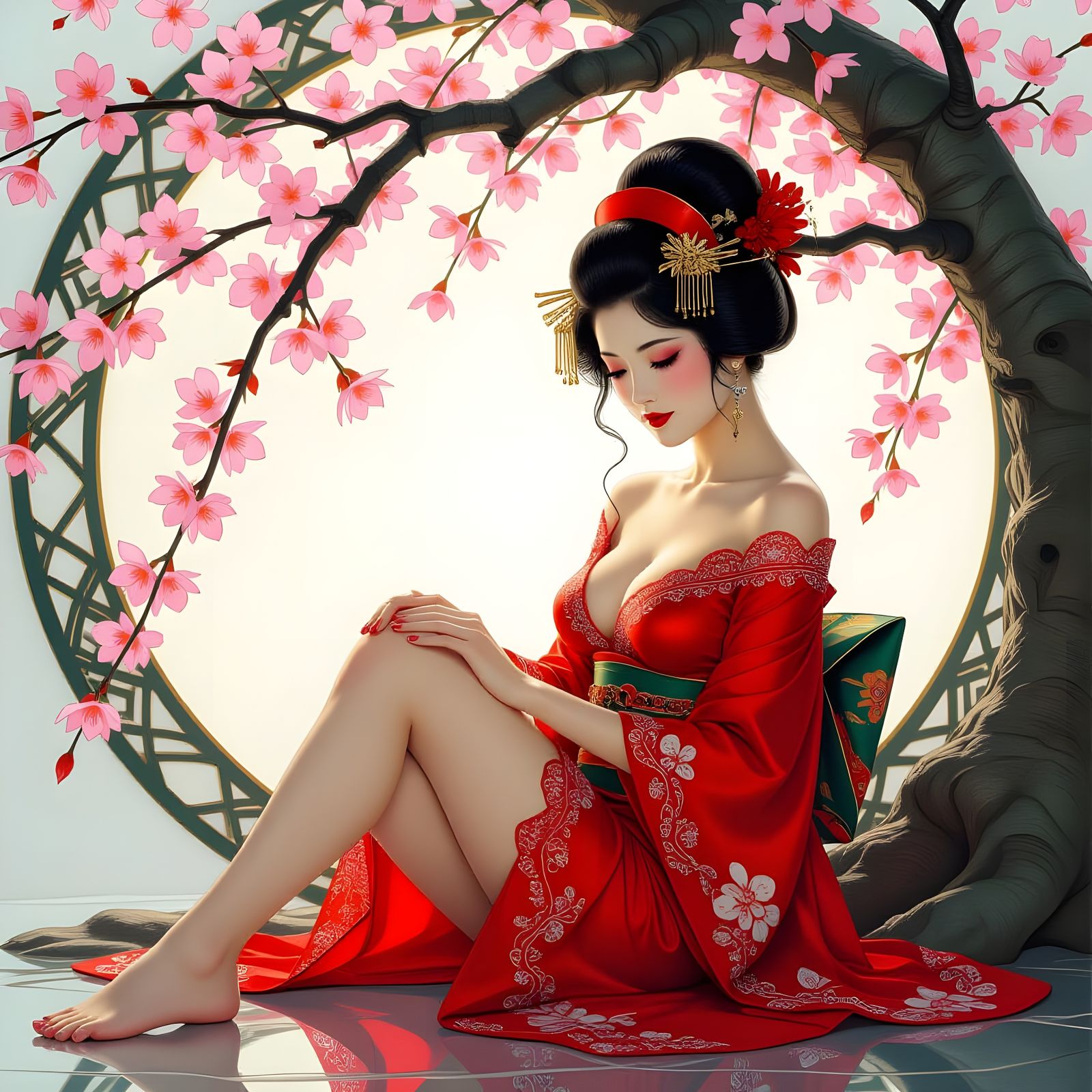 Geisha in Red Lace, Art Nouveau Pin-Up
