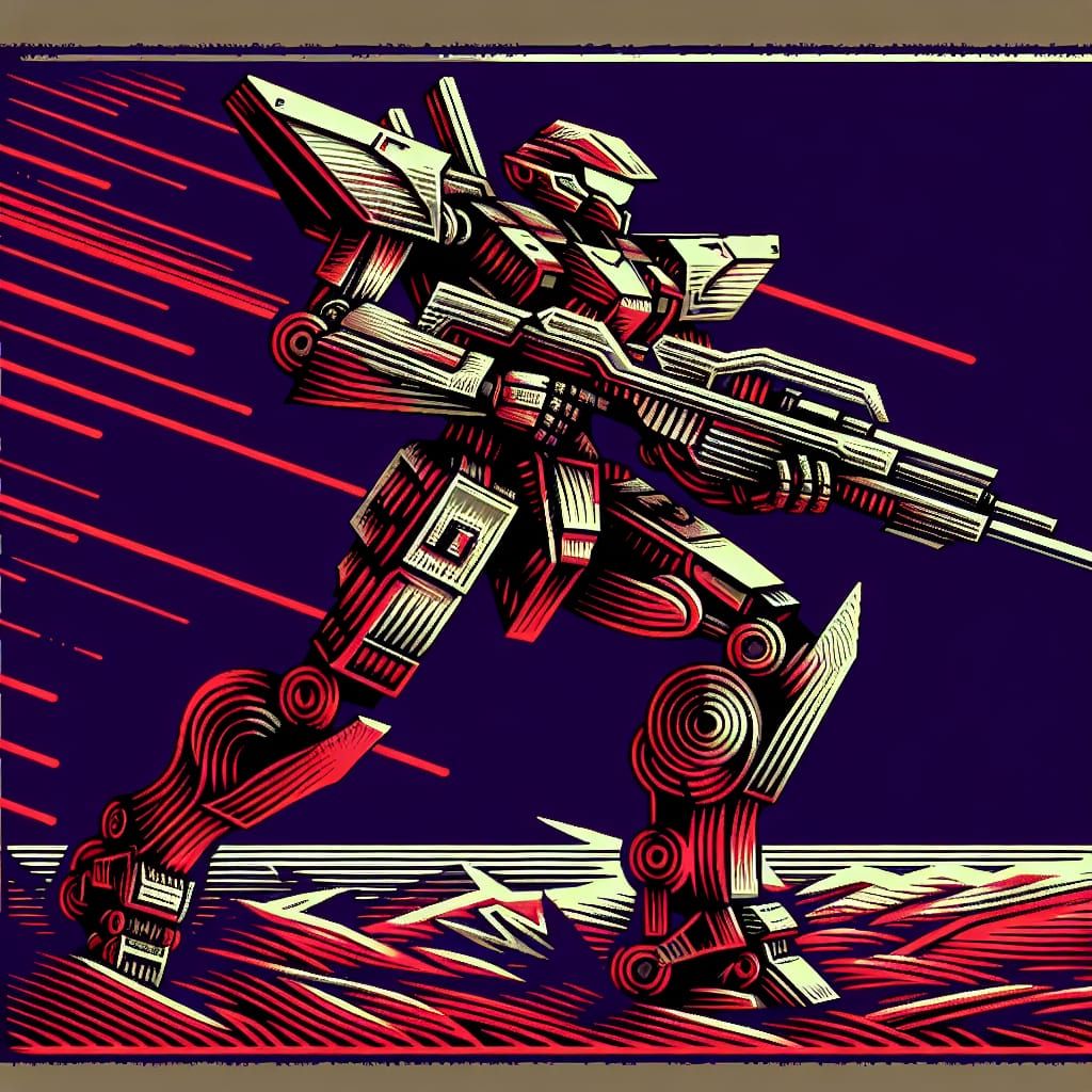 Armored Mech Warrior in Woodcut Style